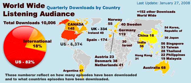 World Map with display of listeners around the world of the podcast.